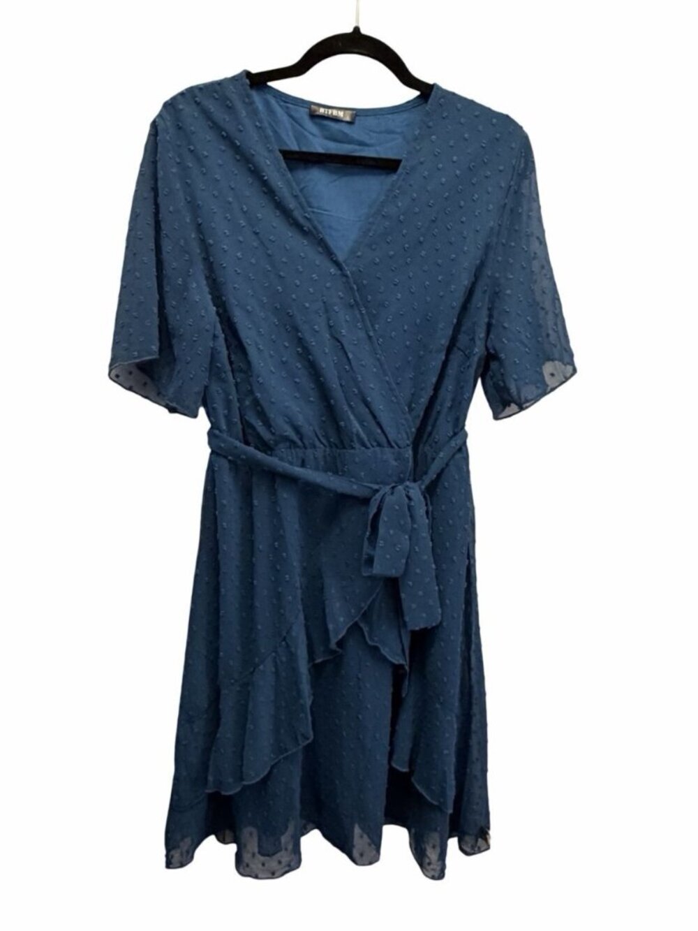 Blue Swiss Dot Wrap Dress Size Large Tie Waist Flutter Sleeve Lined Mini